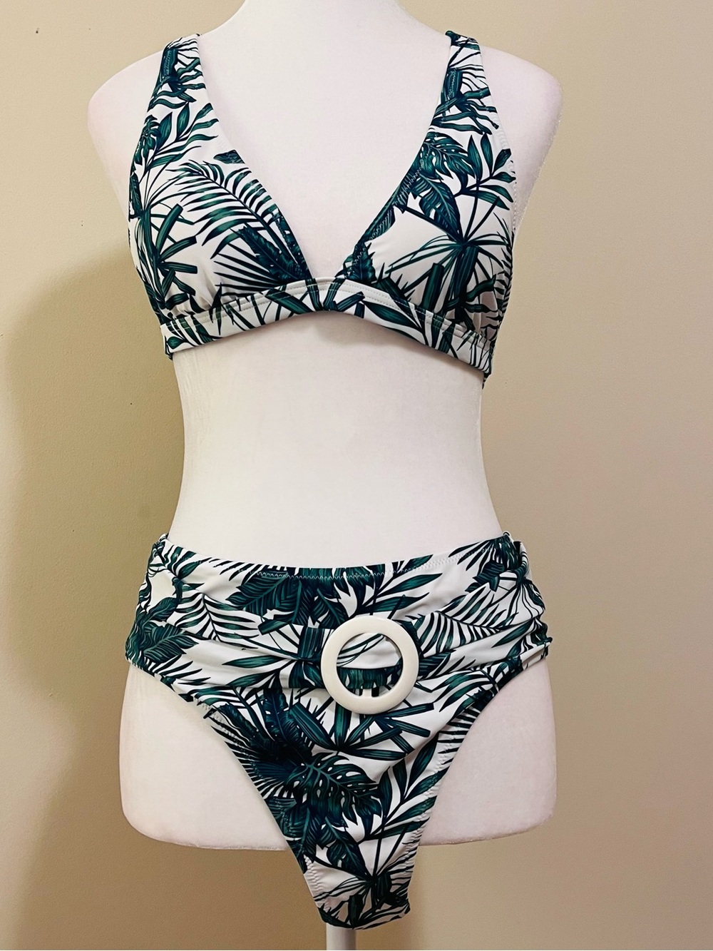 NWOT Tropical Leaf High-Waist Bikini Set in Green and White